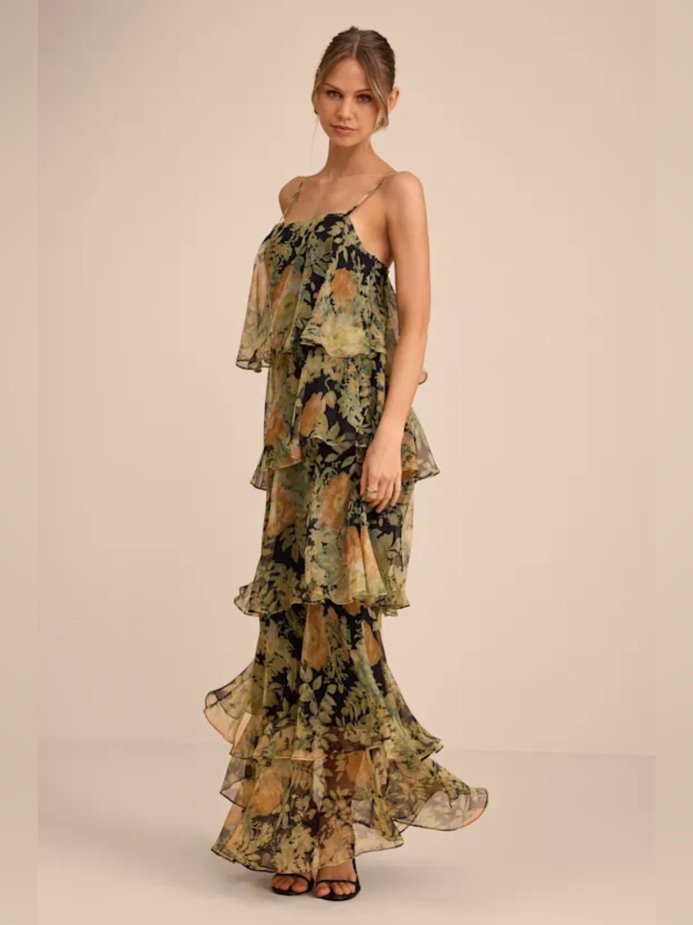 NWT Lulus Malaia Black Multi Floral Tiered Ruffle Maxi Dress M